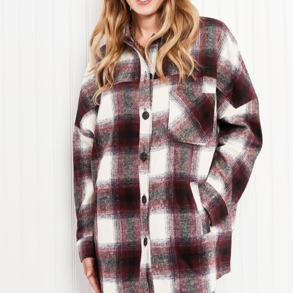 Zenana Autumn Evening Full Size Plaid Longline Shacket in Burgundy - Picture 5 of 9